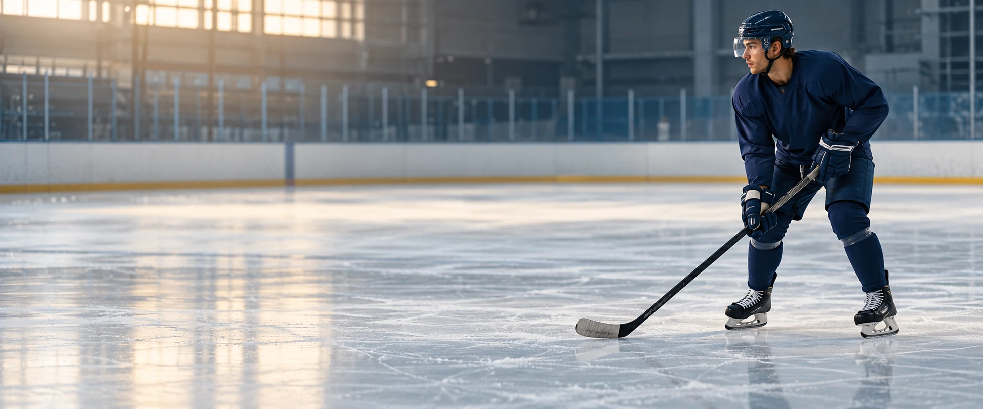 A male hockey player preparing on the ice before practice